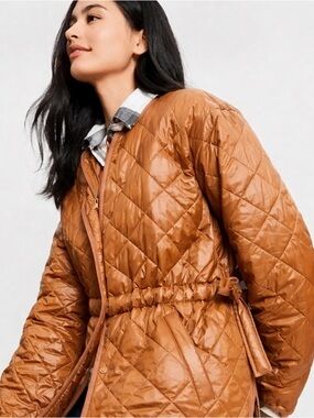 LOFT Women’s Shimmer Quilted Puffer Jacket Chestnut Brown Gold Lightweight Sz L